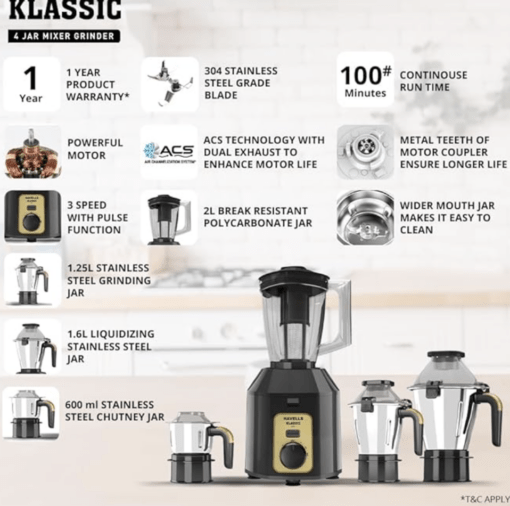 Havells Klassic 1000 watts 4 Jar Mixer Grinder I 2.5 Kg Double Ball Bearing Copper Motor I 22000 RPM I 100 Minutes Run Time I Metal Teeth Coupler & Jar Base I Polycarbonate Jar, Lids with Lock (Grey) - Image 2